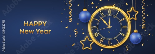 Happy New Year 2021. Golden shiny watch with Roman numeral and countdown midnight, eve for New Year. Background with shining gold stars and balls. Merry Christmas. Xmas holiday. Vector illustration.