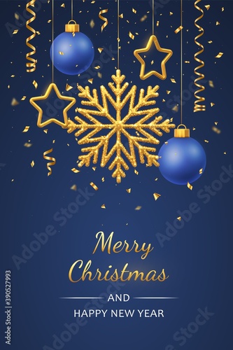 Christmas blue background with hanging shining golden snowflakes  3D metallic stars and balls. Merry christmas greeting card. Holiday Xmas and New Year poster  web banner. Vector Illustration.