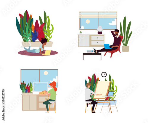 people working online from home in different rooms and locations