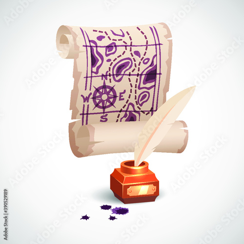 Old paper scroll map and golden inkwell with white feather. Realistic vector art illustration icon.