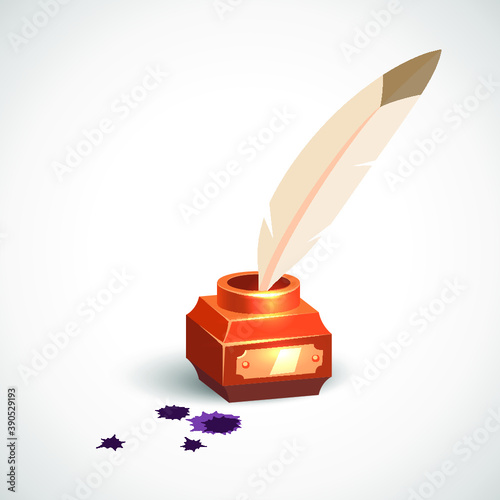 Golden inkwell with white feather, cartoon style icon. Realistic isolated vector illustration. Design for stickers, logo, web and mobile app.