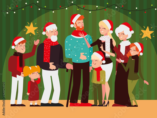 christmas people, happy family with hat scarf lights stars, celebrating season party