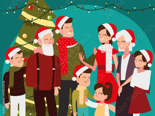 christmas people, portrait family with tree celebrating season party