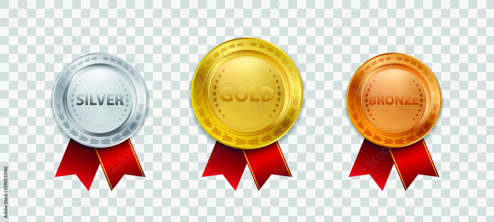 Realistic 3d Champion Gold medal with ribbon vector illustration