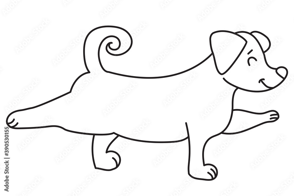Fototapeta premium Yoga pets. A cute and funny puppy stands in an asana. Dog yoga. Outline. Vector illustration