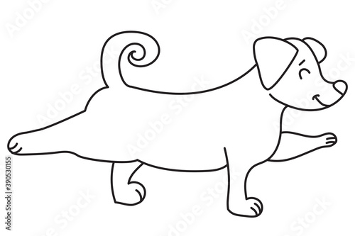 Yoga pets. A cute and funny puppy stands in an asana. Dog yoga. Outline. Vector illustration