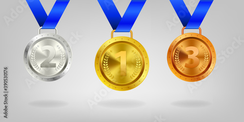 Realistic 3d Champion Gold medal with ribbon vector illustration