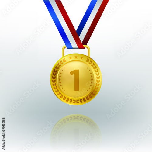Realistic 3d Champion Gold medal with ribbon vector illustration