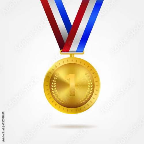 Realistic 3d Champion Gold medal with ribbon vector illustration