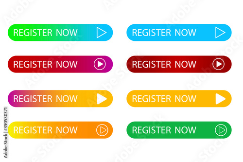 Stylish set register now. Click button. Banner offer. Ui interface. 3d vector. Vector image. Arrow icon collection. Stock image. EPS 10.