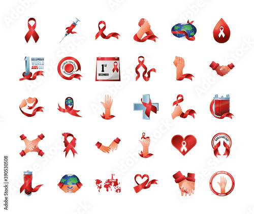 world aids day, set icons with awaress ribbon blood hands planet calendar and more