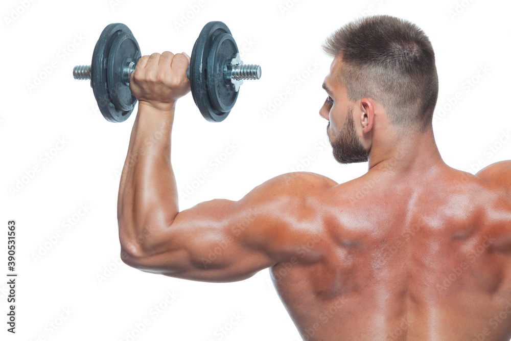 Close up back view on bodybuilders strong muscular arm lifting a dumbbell isolated on white background