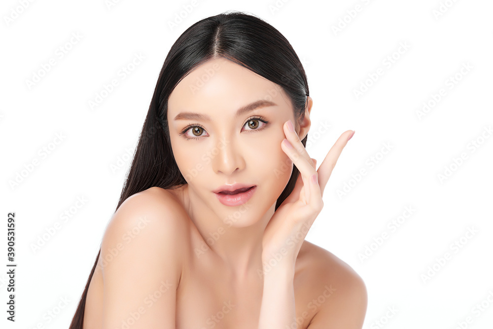 Beautiful young asian woman with clean fresh skin on white background, Face care, Facial treatment, Cosmetology, beauty and spa, Asian women portrait