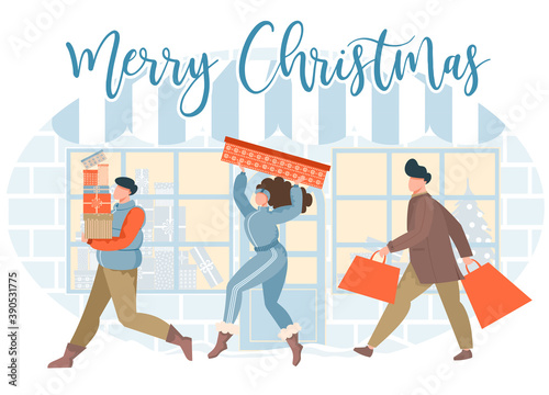 Vector New Year card. People run home with gifts. New Year's shops, shop windows, gifts, surprises.