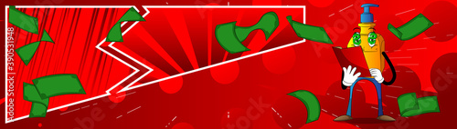 Cartoon bottle of hand sanitizer gel for hygiene  with face reading a book.