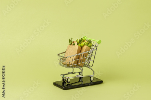 Paper shopping bags with fresh green salad in cart, trolley. Eco food delivery concept.