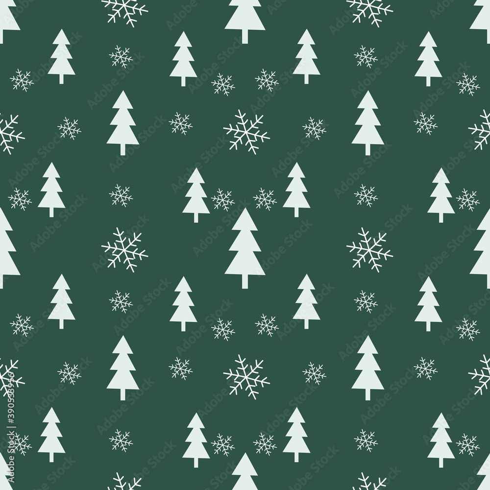 Spruce  and snow seamless pattern with green background. Christmas symbols. Great for wrapping paper, scrapbooking, fabric, textile.