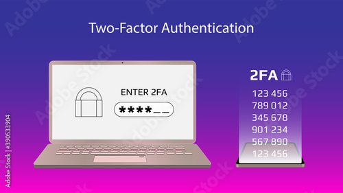 Concept of 2FA two-factor authentication with a laptop and codes on a smartphone. Protecting your money. Unlocking via mobile phone. Vector illustration for website or banner.