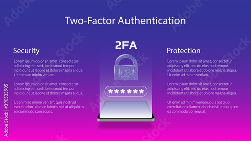 Banner for 2FA two-factor authentication with smartphone and padlock. Protecting your money. Unlocking via mobile phone. Vector illustration for a website.
