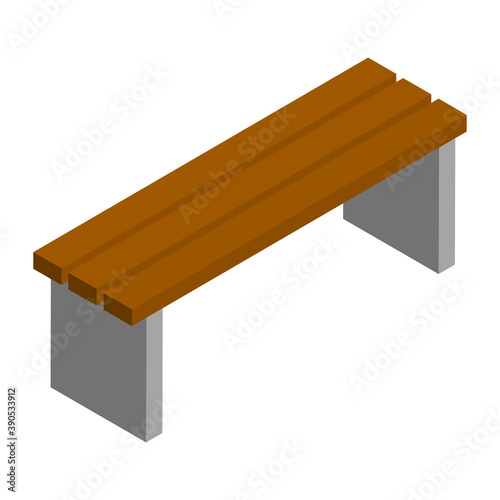 Simple brown city bench in isometric view isolated on white. Concrete base and wooden seat. Vector EPS10.