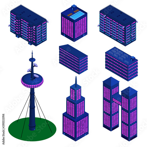 Set of isometric detailed buildings in modern palette isolated on white. TV tower, skyscrapers and residential buildings. Vector EPS10.