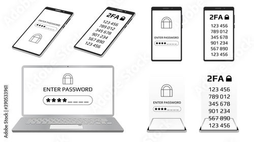 Set of concept of 2FA two-factor authentication and Enter password concept on laptop and smartphone screen. Protecting your money with codes on a smartphone. Vector illustration.