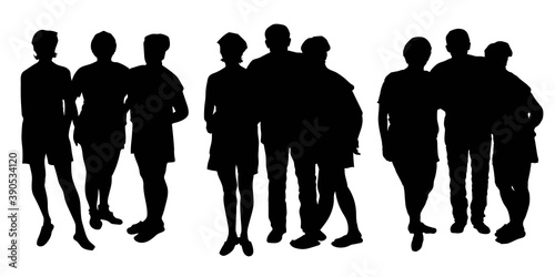 natural shapes Isolated vector silhouettes of a group of adults in three variants, 4, four, people, 3 women and a man, stand in summer clothes on vacation.