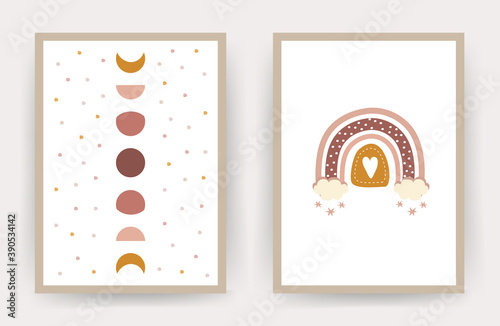 Rainbow boho posters. Scandinavian design for children room wall decor. Cute pastel vector illustration in cartoon style.
