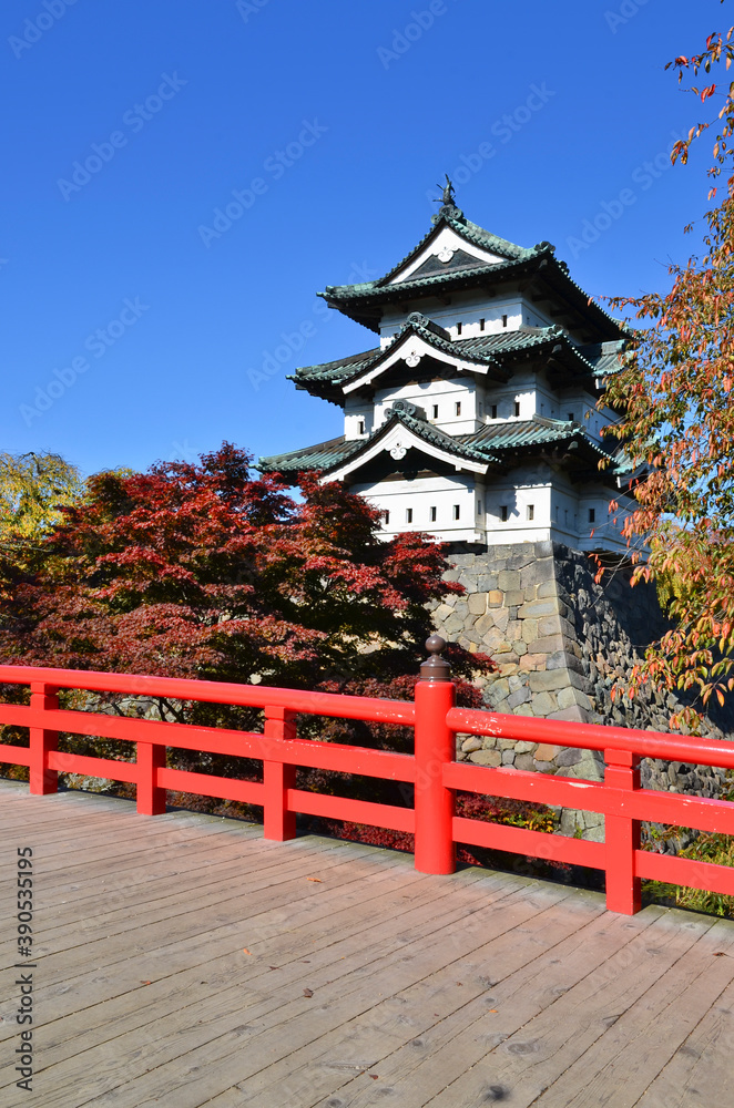 Hirosaki Castle and Japanese old bridge style in the Autumn season of Hirosaki city, Japan. Hirosaki Castle and Japanese old bridge style in the Autumn season of Hirosaki city, Japan.
