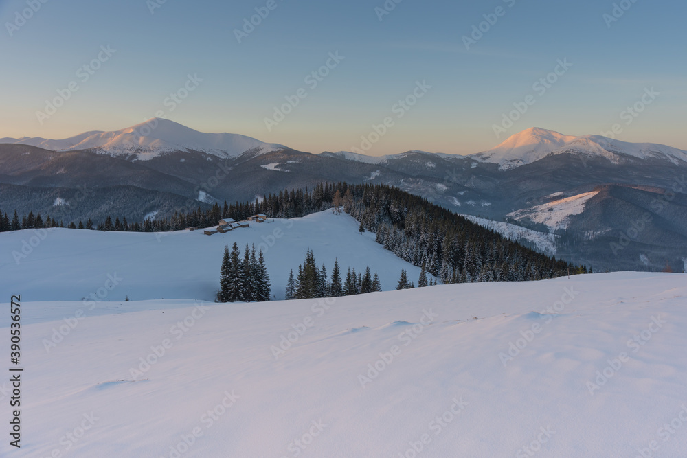 Snowy winter in the Ukrainian Carpathians and picturesque mountain houses