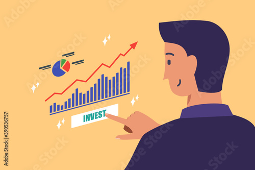 Man Decide to Invest on a Growing Stock or Investment with Increasing Statistic Bars and Chart Featured on Screen. Business and Finance Flat Vector Cartoon Design Illustration. 