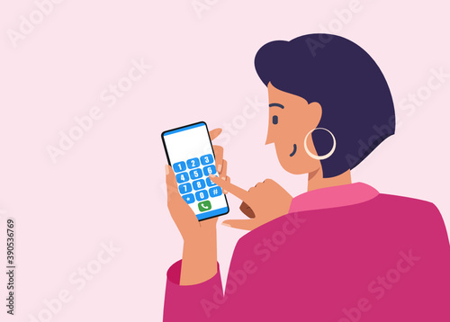 Short Haired Young Woman Typing Contact Dial Number to Make a Phone Call. Female Character Flat Vector Cartoon Design. Hand Tapping numeral Button in Smartphone. Telecommunication Technology Concept.