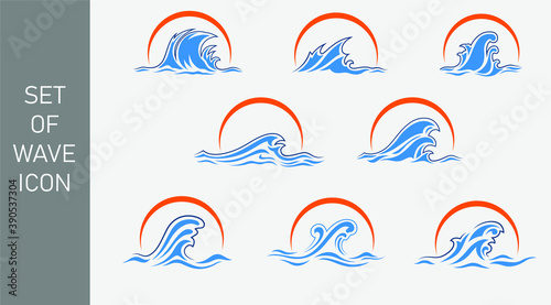 Set of water wave tsunami icon clip art vector with sun element