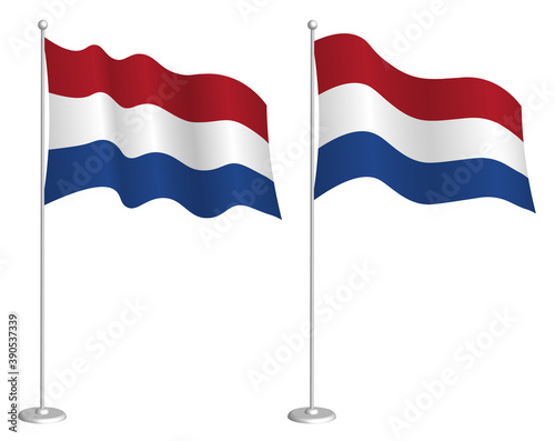 Free Download flag of Holland, Netherlands on flagpole waving in wind. Holiday design element. Checkpoint for map symbols. Isolated vector on white background - GFXLoad