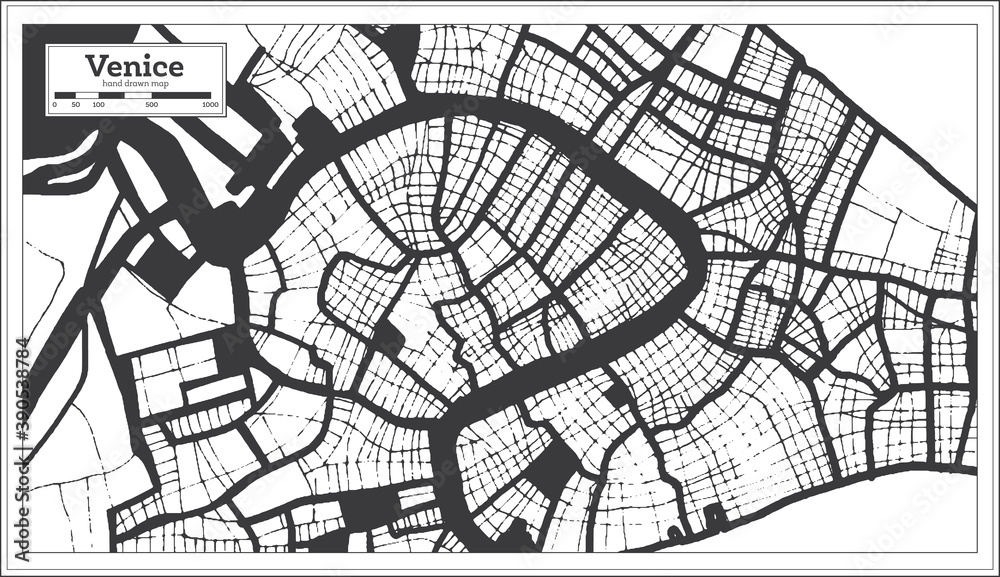 Venice Italy City Map in Black and White Color in Retro Style. Outline Map.