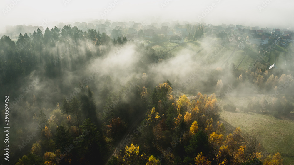 Mountain village in a early moorning with fog and autumn leaves