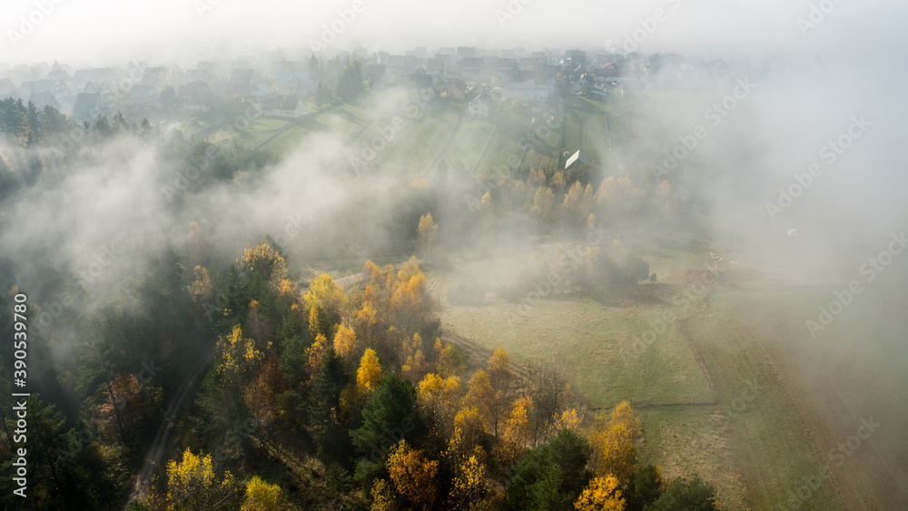 Mountain village in a early moorning with fog and autumn leaves