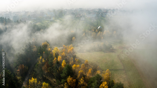 Obraz na płótnie Mountain village in a early moorning with fog and autumn leaves w salonie