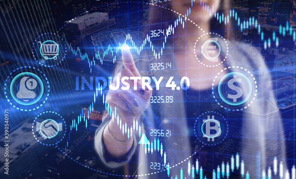 Business, Technology, Internet and network concept. Young businessman working on a virtual screen of the future and sees the inscription: Industry 4.0 Business, Technology, Internet and network concept. Young businessman working on a virtual screen of the future and sees the inscription: Industry 4.0