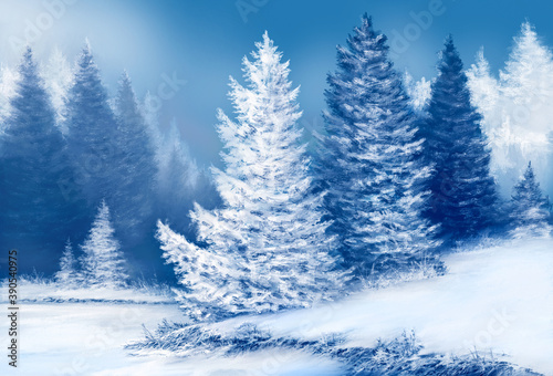 Winter landscape background with snowy spruce trees