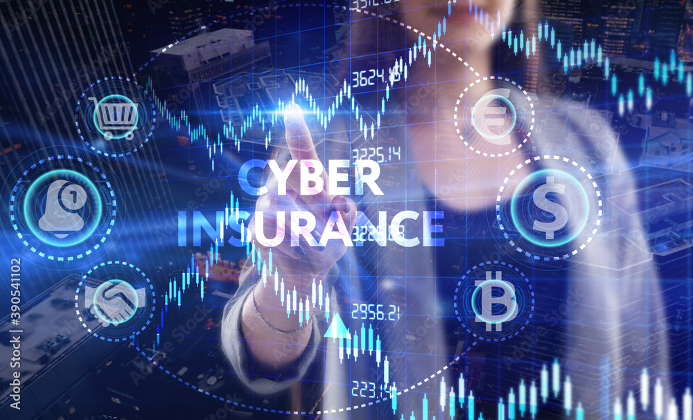Business, Technology, Internet and network concept. Young businessman working on a virtual screen of the future and sees the inscription: Cyber insurance Business, Technology, Internet and network concept. Young businessman working on a virtual screen of the future and sees the inscription: Cyber insurance
