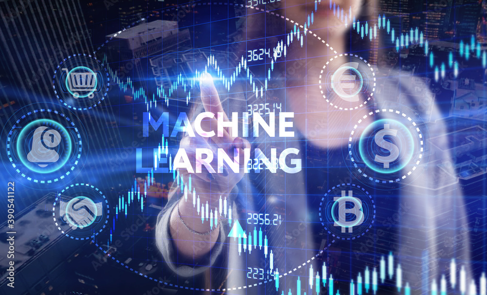 Business, Technology, Internet and network concept. Young businessman working on a virtual screen of the future and sees the inscription: Machine learning Business, Technology, Internet and network concept. Young businessman working on a virtual screen of the future and sees the inscription: Machine learning