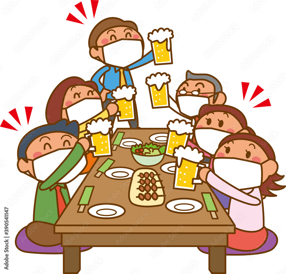 職場の飲み会イラスト（マスク着用）