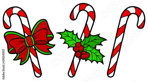 Vector illustration. Hand drawing Christmas art. Festive decorations.  Candy canes. Holly leaves. Bow.