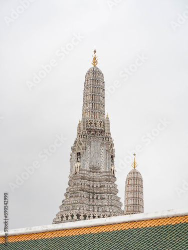 The interior of Wat Arun shows the work of Thai architecture on a rainy day  the sky is gray. Location  Bangkok  Thailand