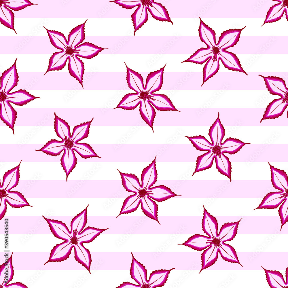 Pink Impala seamless pattern with stripes background. Desert wild flower concept. Vector illustration pattern for surface, t shirt design, print, poster, icon, web, graphic designs. 