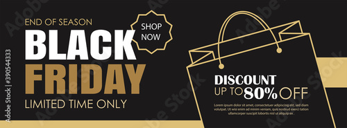 Black friday sale ads banner gold and black color background template. Use for cover, card, flyer, coupon, voucher, poster and all media.