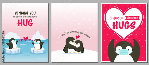 Set of love and hug themed card designs with cute penguins. Adorable penguins wearing masks. For Valentine's day cards, posters, banners, flyers, etc.