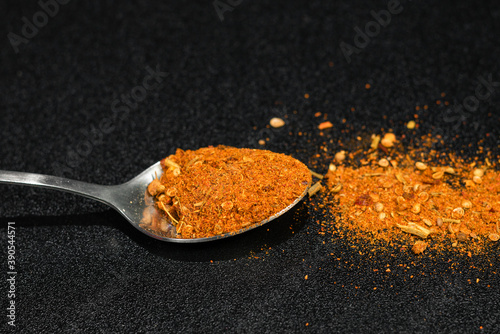 Red Chili in Steel Spoon and on Black Board