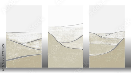 Abstract hills, simple hand drawn landscapes. Vintage graphic, grey vector set. Lines on textured paper